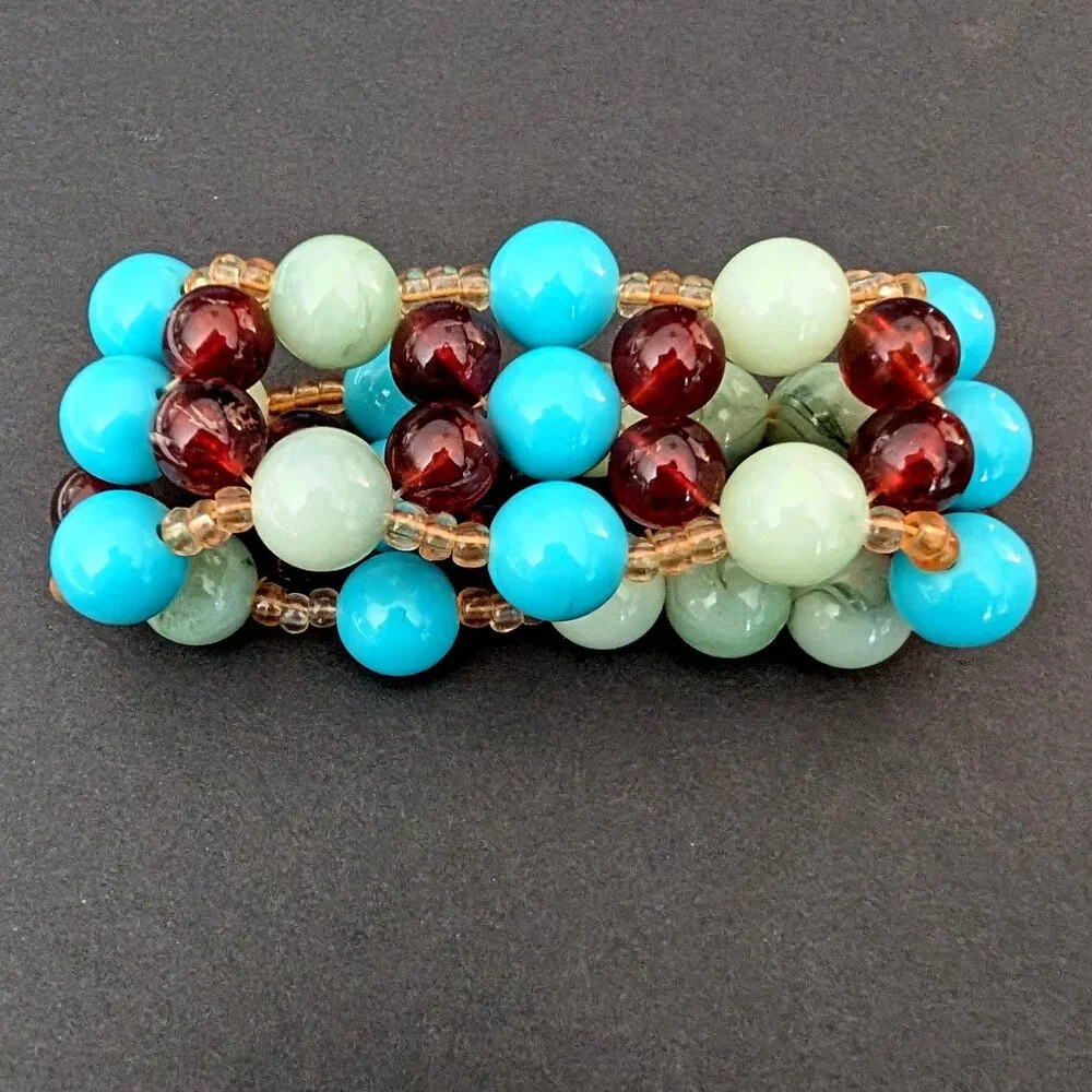 Blue, amber, green and pale yellow beaded stretch bracelet